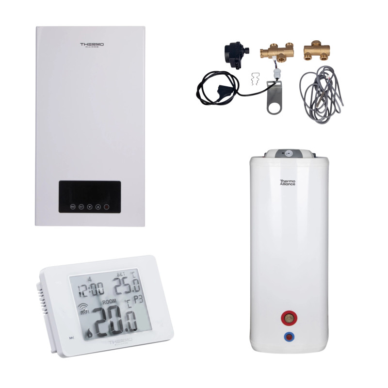 Комплексне рішення Thermo Alliance для котельні: електричний котел 12 кВт + комплект підключення бойлера + комбінований підлоговий водонагрівач 100 л