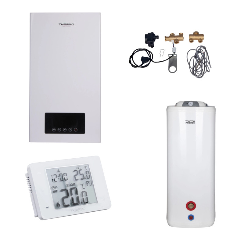 Комплексное решение Thermo Alliance для котельной: электрический котел 10 кВт + комплект бойлера + комбинированный напольный водонагреватель 100 л