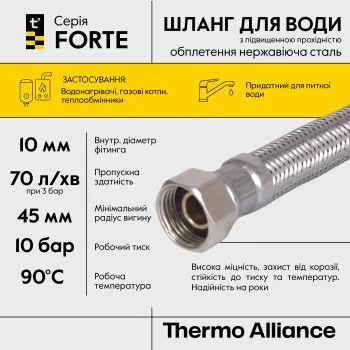 Шланг Forte для воды D10, 60 см, нержавеющая оплетка 1/2